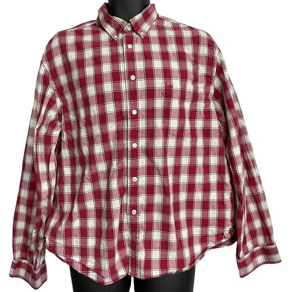 DOCKERS Button Up Shirt Men XL Red White Blue Plaid Long Sleeve 100% Cotton - Picture 1 of 6